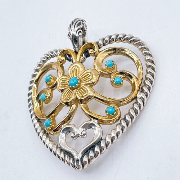 Carolyn Pollack 925 Sterling Silver & Brass Heart Pendant Turquoise Accents Larg - Picture 2 of 9